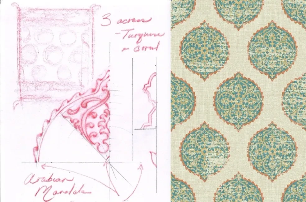 Fragments of an Anatolian kilim — pattern design sketch with color studies