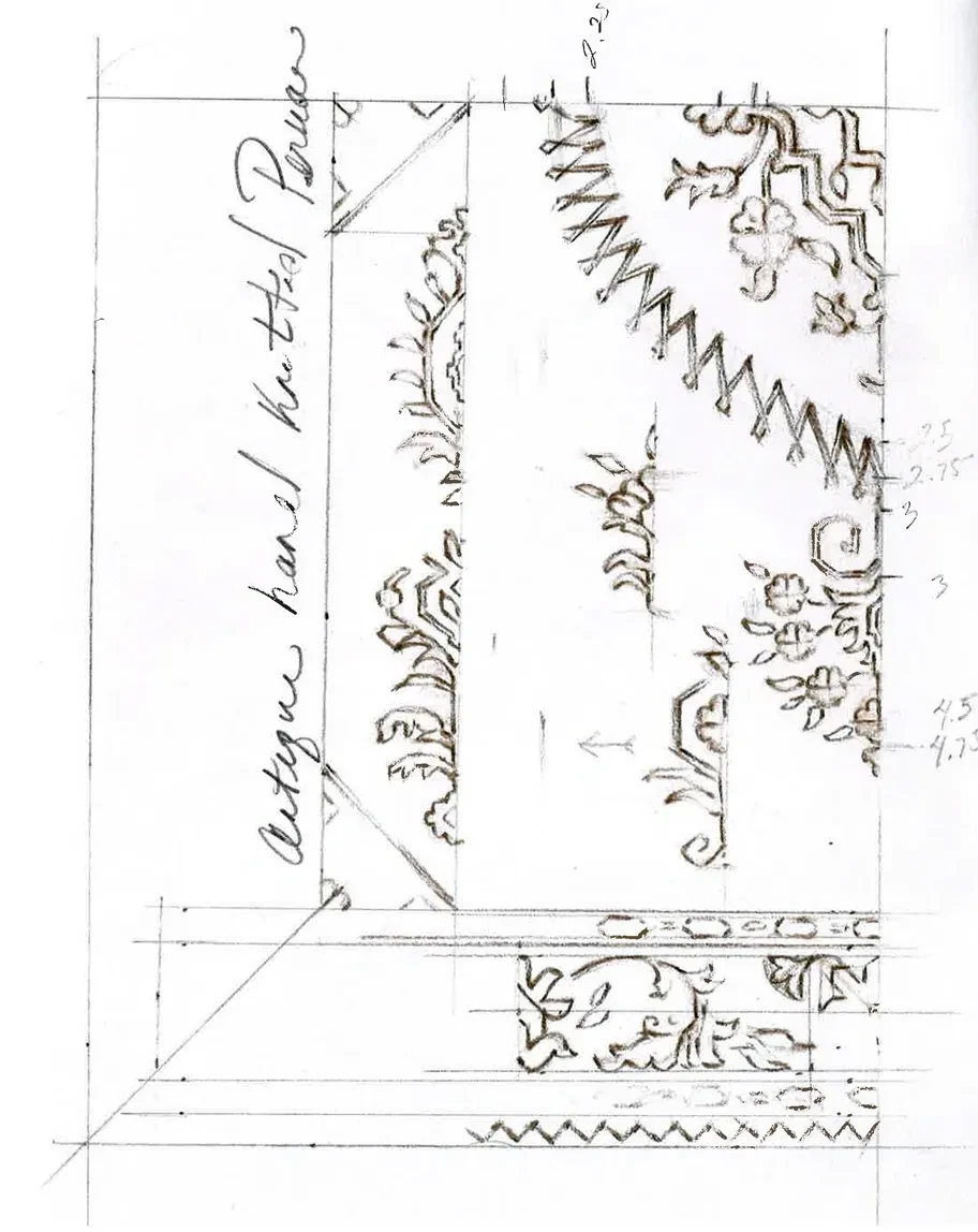 Antique hand-knotted rug pattern design sketch and finished piece