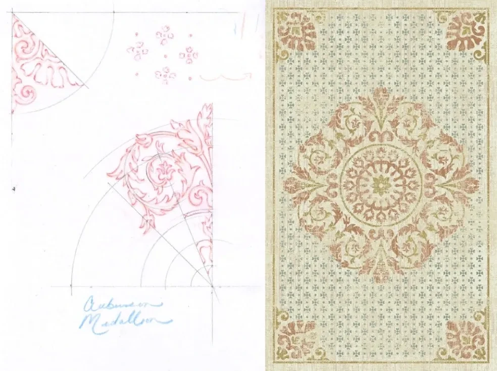 Arabian mandala ornamental design sketch with finished turquoise and coral textile