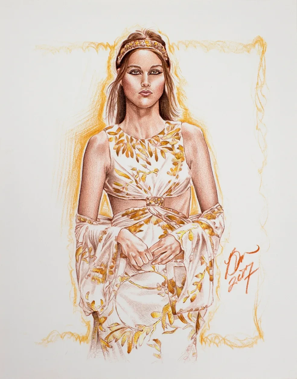 Fashion illustration — woman in autumn leaf print dress with gold headband