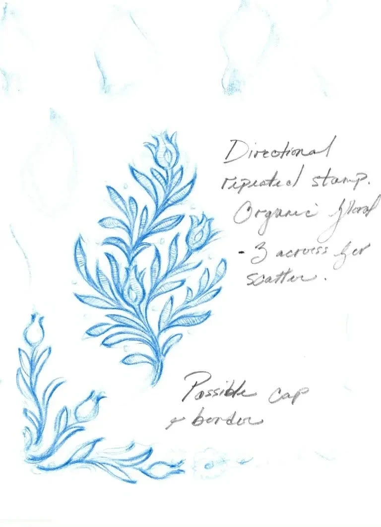 Directional repeated stamp — organic floral botanical design sketch with construction notes