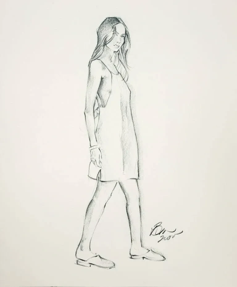 Figure sketch — woman in slip dress walking