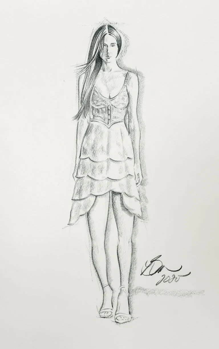 Figure sketch — woman in scallop-hem corset dress