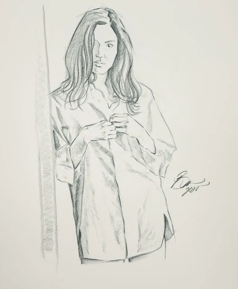 Figure sketch — woman in oversized shirt