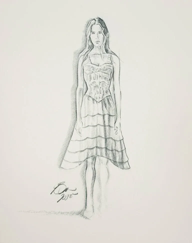 Figure sketch — woman in tiered corset dress