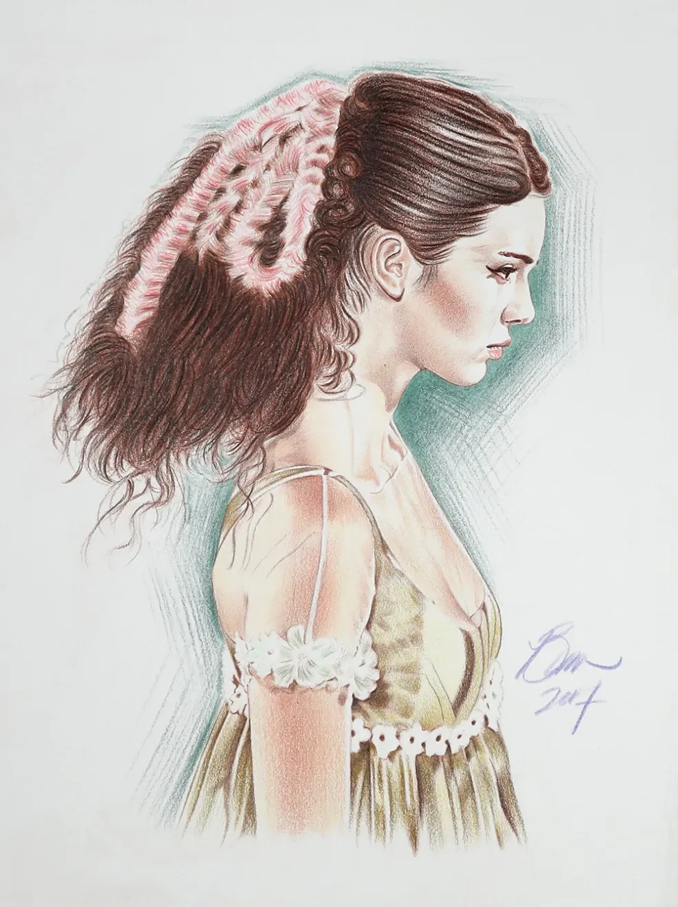 Fashion illustration — woman in profile with elaborate updo and floral-trim gown
