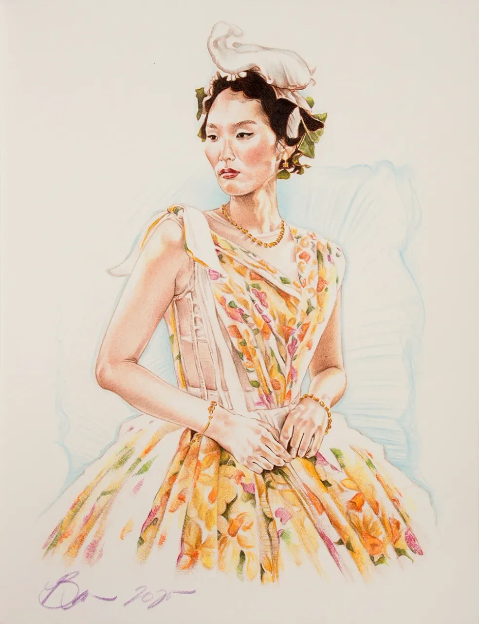 Fashion illustration — woman in floral dress with corset and floral headpiece