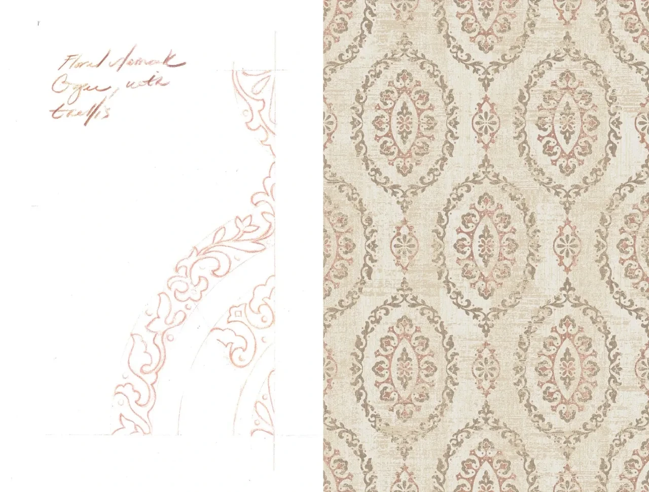 Floral damask ogee with trellis pattern design sketch and finished textile