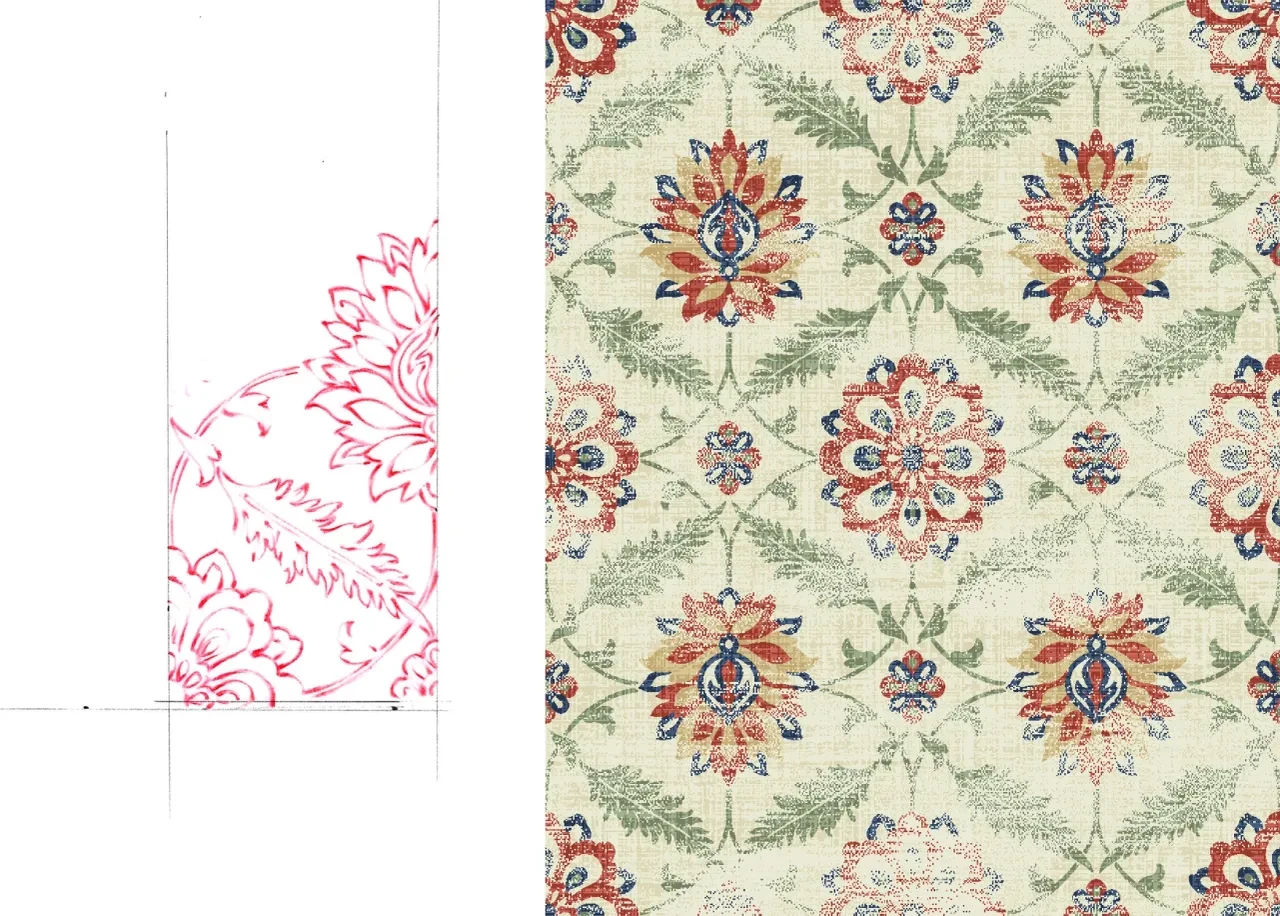 Floral damask design sketch and finished textile in red, navy, and sage on cream
