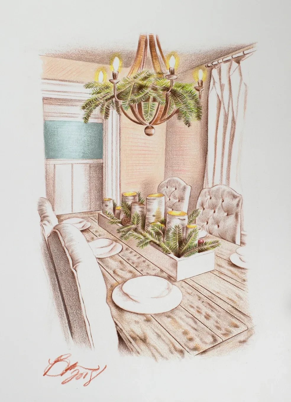 Interior design sketch — farmhouse dining room with chandelier, tufted chairs, and holiday greenery
