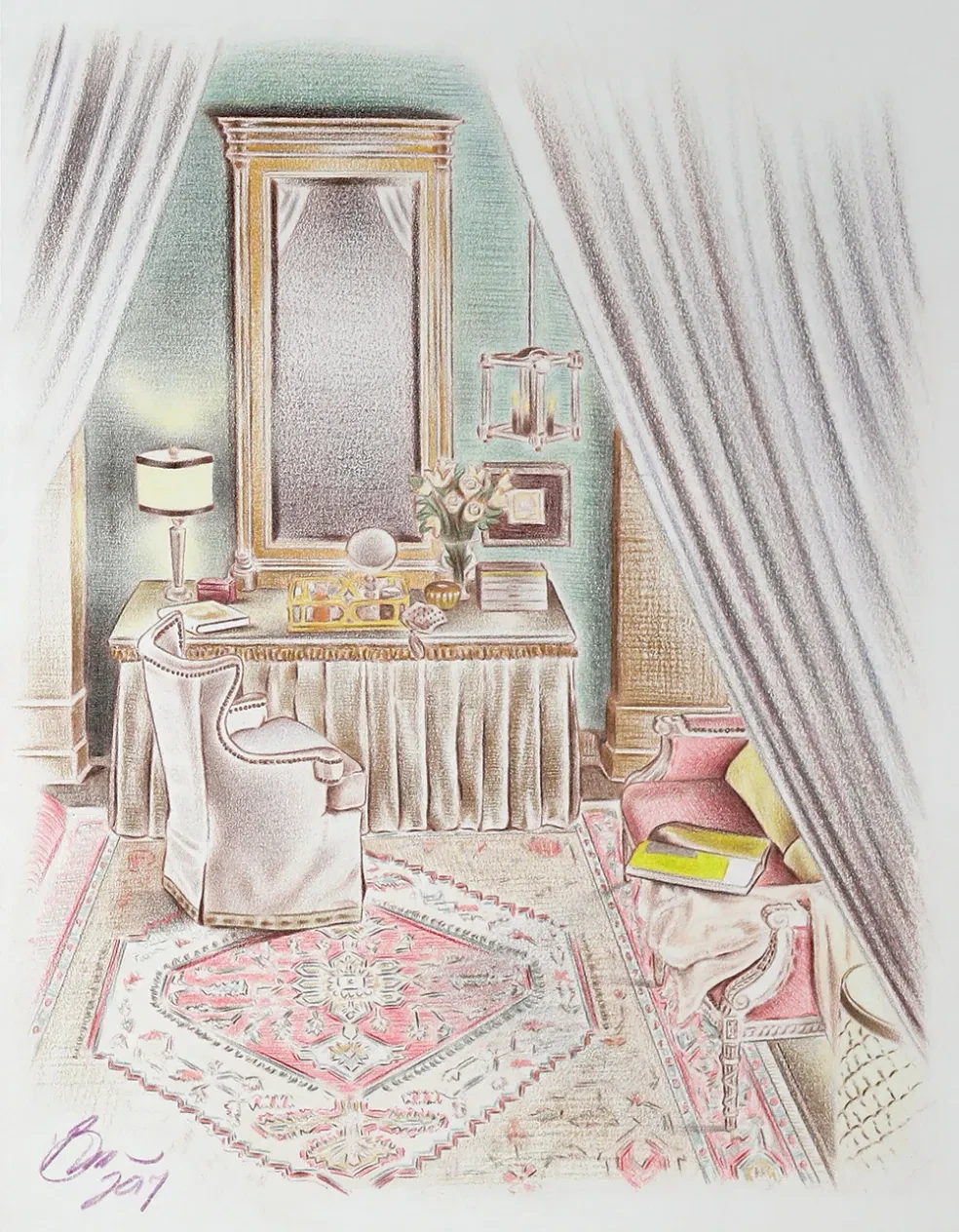 Interior design sketch — vanity room with ornate mirror, Persian rug, and draped curtains