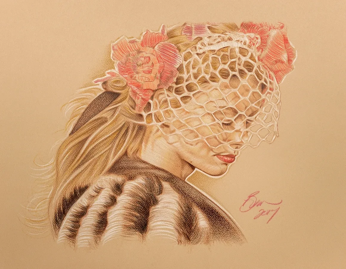 Fashion illustration — woman in lace net veil with coral roses and fur stole