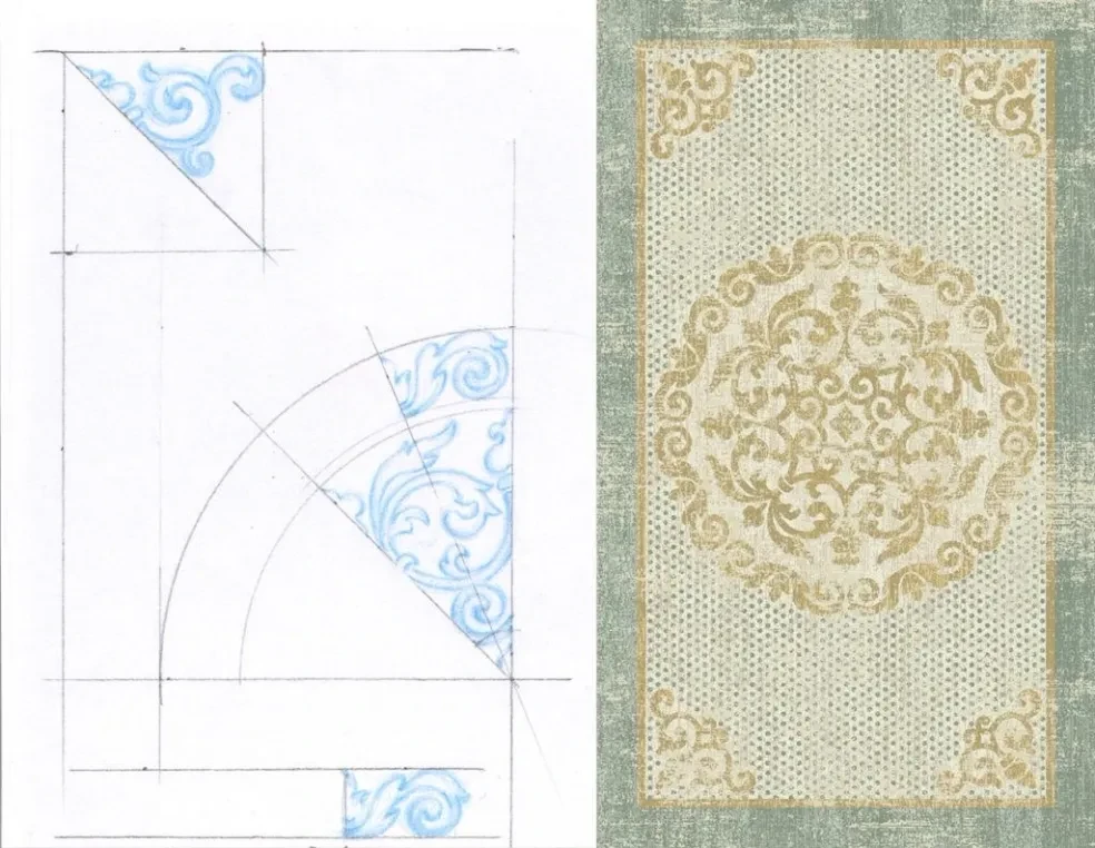 Medallion rug design sketch and finished piece in blue and gold