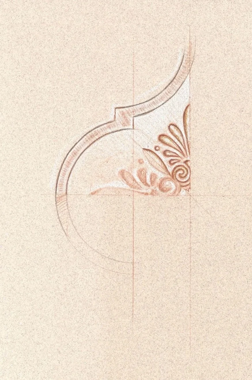 Ornamental arch and acanthus detail sketch in sanguine