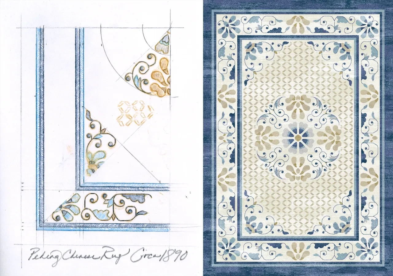 Peking Chinese rug circa 1890 — design sketch and finished piece