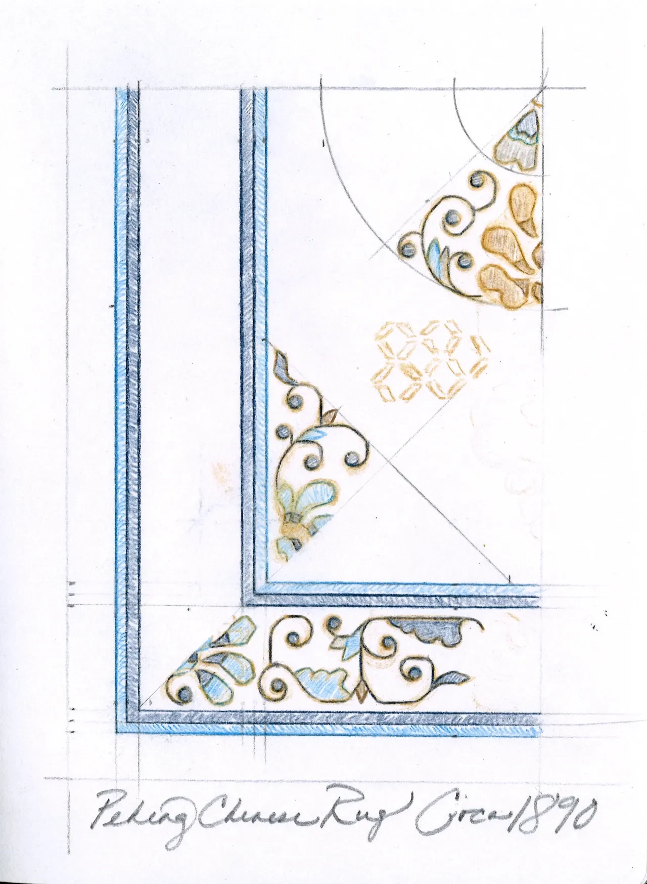 Peking Chinese rug circa 1890 — corner detail design sketch in blue and gold