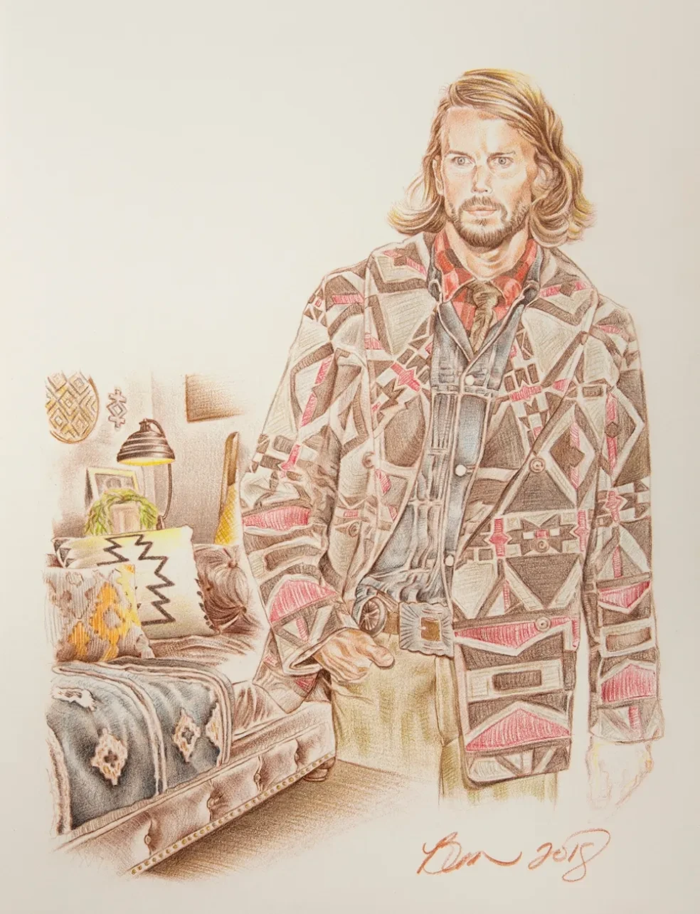 Fashion illustration — man in Pendleton-style geometric jacket with southwestern interior